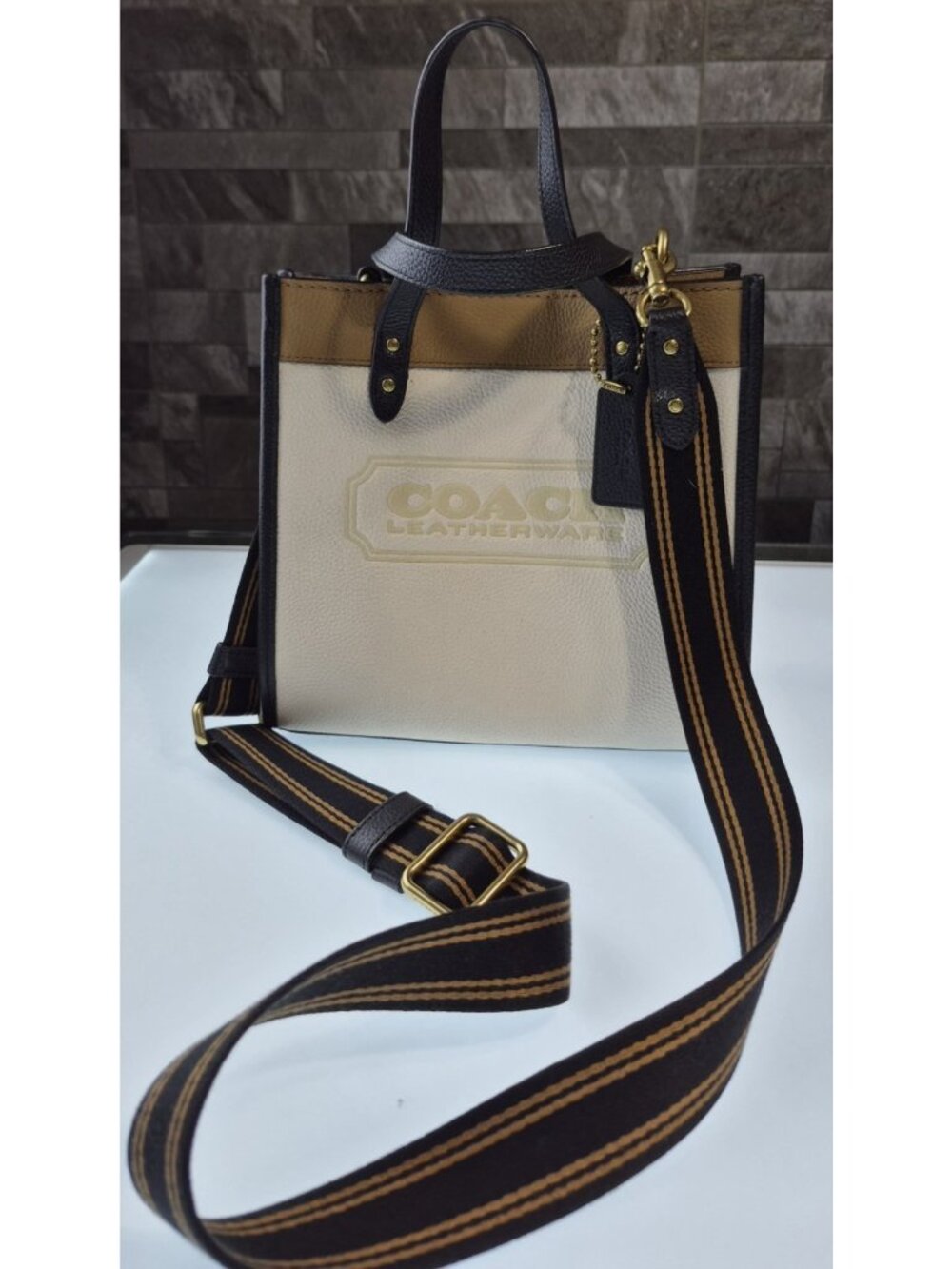 Coach Field Tote 22 Colorblock Chalk Brown Black Leather Crossbody Bag C3461